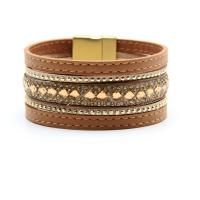 PU Leather Cord Bracelets with Zinc Alloy gold color plated multilayer & with rhinestone nickel lead & cadmium free 30mm Sold Per Approx 7.5 Inch Strand