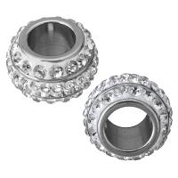 Stainless Steel Large Hole Bead, with Rhinestone Clay Pave, Drum, original color, 16x10.50x16mm, Hole:Approx 8mm, 10PCs/Lot, Sold By Lot
