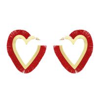 Zinc Alloy Hoop Earring with Cotton Cord Heart gold color plated for woman nickel lead & cadmium free Sold By Pair