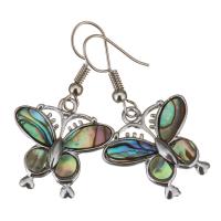 Shell Earrings, Brass, with Abalone Shell, Butterfly, silver color plated, for woman, 39mm, 22x21mm, Sold By Pair