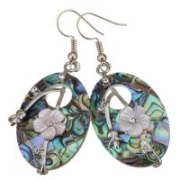 Shell Earrings Brass with Abalone Shell & Resin Flat Oval silver color plated for woman & with rhinestone 57mm Sold By Pair