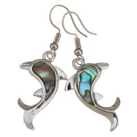 Shell Earrings, Brass, with Abalone Shell, Dolphin, silver color plated, for woman, 47mm, 18x30mm, Sold By Pair