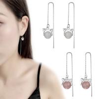 Brass Drop Earring with Sea Opal & Strawberry Quartz platinum plated box chain & for woman 95mm Sold By Pair
