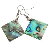 Shell Earrings, Brass, with Abalone Shell, Rhombus, silver color plated, for woman, 52mm, 32x32mm, Sold By Pair