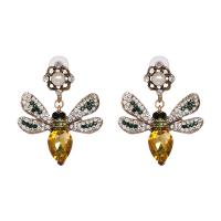 Zinc Alloy Drop Earring with Crystal & Plastic Pearl Bee antique gold color plated for woman & with rhinestone Sold By Pair
