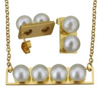 Stainless Steel Jewelry Set, earring & necklace, with Glass Pearl, gold color plated, oval chain & for woman, 40x8mm, 2mm, 8x17mm, Length:Approx 19 Inch, Sold By Set