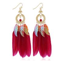 Tibetan Style Drop Earring, with Plastic Sequin & Feather, gold color plated, for woman, more colors for choice, 40x110mm, Sold By Pair