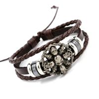 Leather Cord Bracelet PU Leather with Hematite & Zinc Alloy Skull silver color plated Adjustable & Unisex & multi-strand 6mm Length Approx 7 Inch Sold By Lot