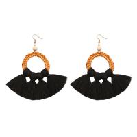 Rattan Tassel Earring with Cotton Thread & Zinc Alloy gold color plated Bohemian style & hypo allergic Sold By Pair