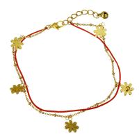 Stainless Steel Jewelry Bracelet, with Nylon Cord, with 1.5Inch extender chain, Flower, gold color plated, charm bracelet & with bell & oval chain & for woman & 2-strand, 10x13mm, 1x2.5mm, 2x1.5mm, 1mm, Sold Per Approx 9 Inch Strand