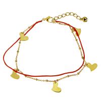 Stainless Steel Jewelry Bracelet, with Nylon Cord, with 1.5Inch extender chain, Heart, gold color plated, charm bracelet & with bell & oval chain & for woman & 2-strand, 10x11mm, 1x2.5mm, 2x1.5mm, 1mm, Sold Per Approx 9 Inch Strand