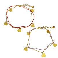 Bijoux bracelet en acier inoxydable, avec corde en nylon, avec 1.5Inch chaînes de rallonge, coeur, Placage de couleur d'or, bracelet à breloques & avec bell & chaîne ovale & pour femme & 2 fils, plus de couleurs à choisir, 10x10mm, 1x2.5mm, 2x1.5mm, 1mm, Vendu par Environ 9 pouce brin