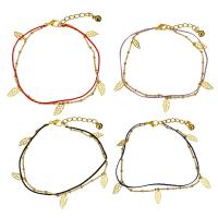 Stainless Steel Jewelry Bracelet, with Nylon Cord, with 1.5Inch extender chain, Leaf, gold color plated, charm bracelet & with bell & oval chain & for woman & 2-strand, more colors for choice, 6x12.5mm, 1x2.5mm, 2x1.5mm, 1mm, Sold Per Approx 8.5 Inch Strand