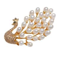 Freshwater Pearl Brooch, Brass, with Freshwater Pearl, Peacock, real gold plated, for woman & with rhinestone, nickel, lead & cadmium free, 5-6mm,69x42x13mm, Sold By PC