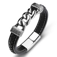 Men Bracelet, PU Leather, with Stainless Steel, Sewing-on & for man, black, 12x6mm, Sold Per Approx 7.4 Inch Strand