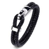 Men Bracelet PU Leather with Stainless Steel for man black Sold Per 7.4 Inch Strand