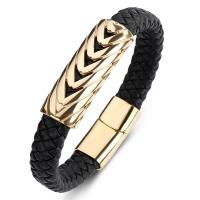 Bracelet homme, cuir PU, avec acier inoxydable, pointe de flèche, bracelet tressé & pour homme, noire, 12x6mm, Vendu par Environ 7.5 pouce brin