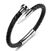 Men Bracelet, PU Leather, with Titanium Steel & Stainless Steel, Bullet, braided bracelet & for man, black, 6mm, Sold Per Approx 7.5 Inch Strand
