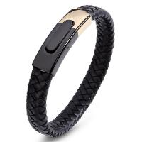 Men Bracelet, PU Leather, with Magnet & Stainless Steel, braided bracelet & for man, black, 12x6mm, Sold Per Approx 7.5 Inch Strand