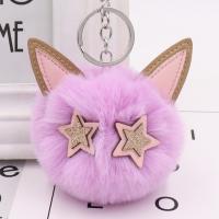 Faux Rabbit Hair Key Chain with PU Leather & Iron Cat silver color plated cute nickel lead & cadmium free 80mm Sold By PC