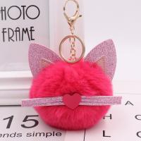 Faux Rabbit Hair Key Chain with PU Leather & Iron Cat gold color plated cute nickel lead & cadmium free Sold By PC
