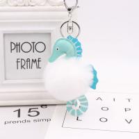 Faux Rabbit Hair Key Chain, with PU Leather & Iron, Seahorse, silver color plated, cute, more colors for choice, 80mm, Sold By PC