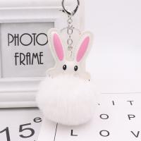 Faux Rabbit Hair Key Chain with PU Leather & Iron silver color plated cute 80mm Sold By PC