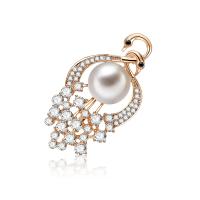 Tibetan Style Brooch, with Freshwater Pearl, rose gold color plated, micro pave cubic zirconia & with rhinestone, 27x50mm, Sold By PC