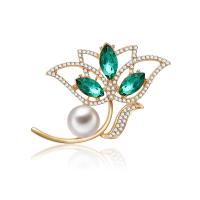 Tibetan Style Brooch, with Freshwater Pearl, Flower, rose gold color plated, micro pave cubic zirconia, 57x40mm, Sold By PC