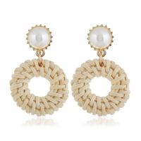 Brass Drop Earring, with ABS Plastic Pearl & Rattan, Donut, gold color plated, for woman, nickel, lead & cadmium free, 22x40mm, Sold By Pair