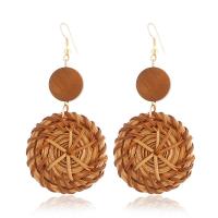 Brass Drop Earring, with Rattan & Wood, Flat Round, gold color plated, for woman, nickel, lead & cadmium free, 35x75mm, Sold By Pair