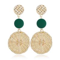 Brass Drop Earring, with Rattan & Wood, Flat Round, gold color plated, for woman, more colors for choice, nickel, lead & cadmium free, 35x75mm, Sold By Pair