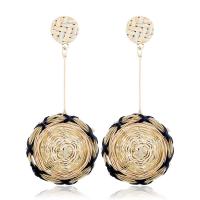 Brass Drop Earring, with Rattan, Flat Round, gold color plated, for woman, nickel, lead & cadmium free, 38x98mm, Sold By Pair