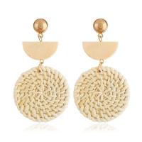 Brass Drop Earring, with Rattan & Wood, Flat Round, gold color plated, for woman, nickel, lead & cadmium free, 40x70mm, Sold By Pair