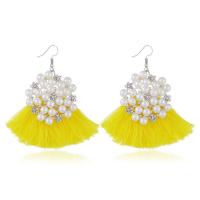 Brass Tassel Earring with ABS Plastic Pearl & Nylon platinum color plated for woman & with rhinestone nickel lead & cadmium free Sold By Pair
