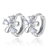 Brass Huggie Hoop Earring Flower platinum plated for woman & with cubic zirconia nickel lead & cadmium free Sold By Pair