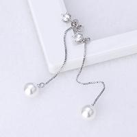Brass Thread Through Earrings with ABS Plastic Pearl platinum plated for woman & with cubic zirconia nickel lead & cadmium free 65mm Sold By Pair