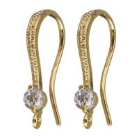 Brass Hook Earwire, real gold plated, with loop & micro pave cubic zirconia, 3x17x18mm, 0.8mm, Hole:Approx 1mm, 100PCs/Lot, Sold By Lot