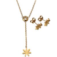 Fashion Stainless Steel Jewelry Sets, earring & necklace, with 2Inch extender chain, Flower, gold color plated, oval chain & for woman & with rhinestone, 9x11mm, 2mm, 9x9mm, Length:Approx 20 Inch, Sold By Set