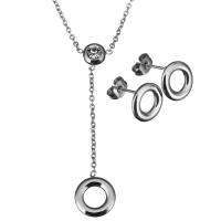 Fashion Stainless Steel Jewelry Sets, earring & necklace, with 2Inch extender chain, Donut, oval chain & for woman & with rhinestone, original color, 11x13mm, 1.5mm, 11x11mm, Length:Approx 18 Inch, Sold By Set