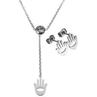 Fashion Stainless Steel Jewelry Sets, earring & necklace, with 2Inch extender chain, Hamsa, oval chain & for woman & with rhinestone, original color, 9x13mm, 2mm, 9x12mm, Length:Approx 18 Inch, Sold By Set