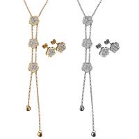 Stainless Steel Jewelry Set, earring & necklace, with Rhinestone Clay Pave, with 2Inch extender chain, Flower, plated, oval chain & for woman, more colors for choice, 12x12mm, 2mm, 12x12mm, Length:Approx 20 Inch, Sold By Set