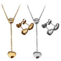 Fashion Stainless Steel Jewelry Sets earring & necklace with 2Inch extender chain Heart plated oval chain & for woman & with rhinestone 2mm Length Approx 16 Inch Sold By Set