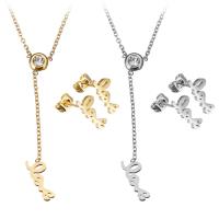 Fashion Stainless Steel Jewelry Sets, earring & necklace, with 2Inch extender chain, Alphabet Letter, word love, plated, oval chain & for woman & with rhinestone, more colors for choice, 6x14mm, 1.5mm, 6x15mm, Length:Approx 16 Inch, Sold By Set