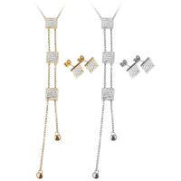 Stainless Steel Jewelry Set, earring & necklace, with Rhinestone Clay Pave, with 2Inch extender chain,  Square, plated, oval chain & for woman, more colors for choice, 11x11mm, 2mm, 11x11mm, Length:Approx 20 Inch, Sold By Set