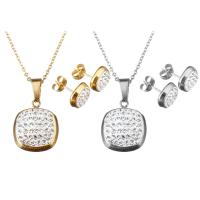 Stainless Steel Jewelry Set, earring & necklace, with Rhinestone Clay Pave, with 2Inch extender chain, Square, plated, oval chain & for woman, more colors for choice, 17x21mm, 1.5mm, 10x10mm, Length:Approx 18 Inch, Sold By Set