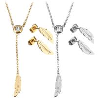 Fashion Stainless Steel Jewelry Sets, earring & necklace, with 2Inch extender chain, Feather, plated, oval chain & for woman & with rhinestone, more colors for choice, 4x17mm, 1.5mm, 5x15mm, Length:Approx 16 Inch, Sold By Set