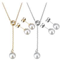 Stainless Steel Jewelry Set, earring & necklace, with Glass Pearl, with 2Inch extender chain, plated, oval chain & for woman & with rhinestone, more colors for choice, 8x14mm, 1.5mm, 8x8mm, Length:Approx 17 Inch, Sold By Set