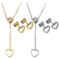 Fashion Stainless Steel Jewelry Sets, earring & necklace, with 2Inch extender chain, Heart, plated, oval chain & for woman & with rhinestone, more colors for choice, 9x10mm, 1.5mm, 9x9mm, Length:Approx 16 Inch, Sold By Set
