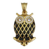 Stainless Steel Animal Pendants, Owl, gold color plated, enamel & with rhinestone, 21x34x4mm, Hole:Approx 5x7mm, Sold By PC